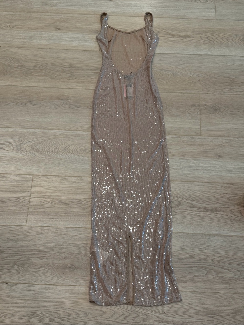 NWT PrettyLittleThing KHAKI SEQUIN SHEER BOAT NECK MAXI DRESS - Picture 4 of 7